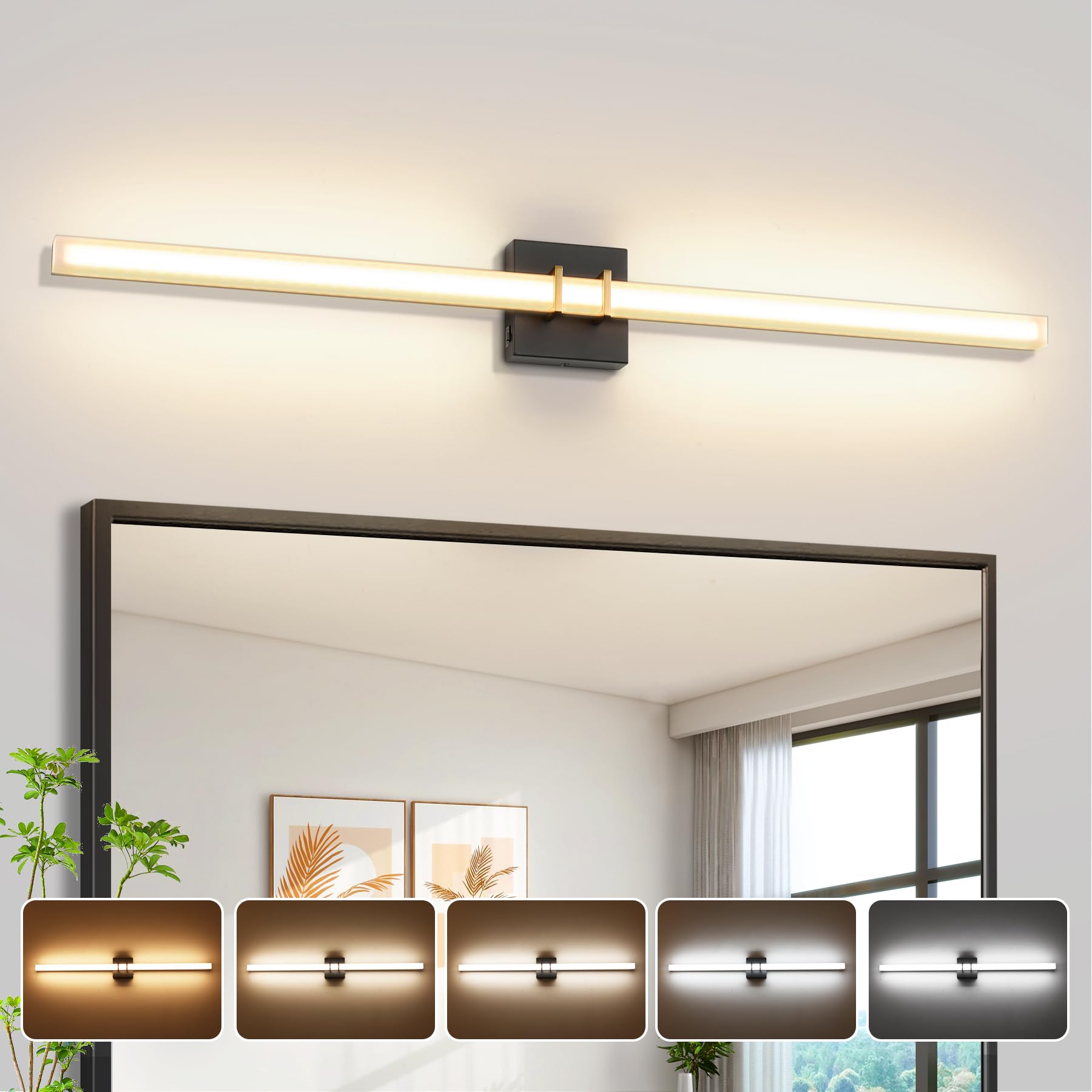 Modern Black and Brass Vanity Light Bar 40 Inch 30W 5CCT Dimmable Bathroom Light Fixtures LED Wall Lighting