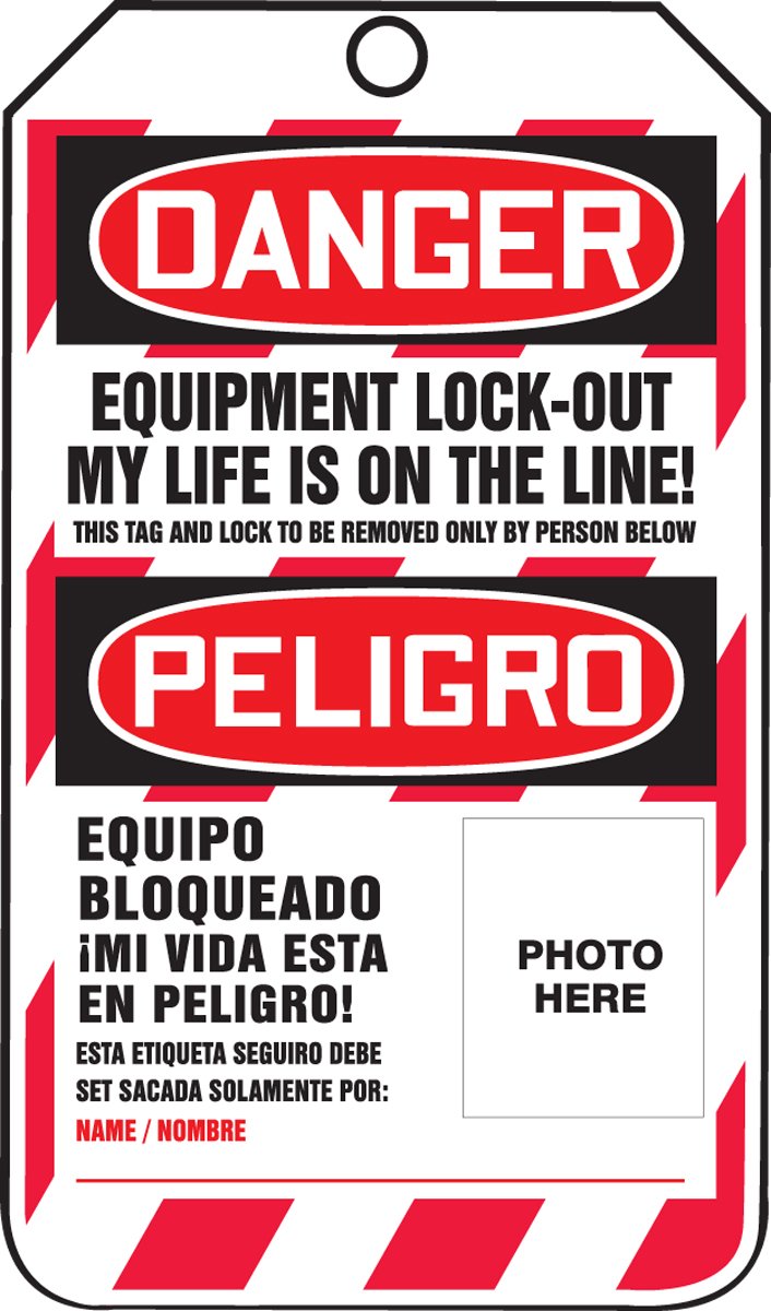 Accuform Signs TSP107PTP Spanish Bilingual Lockout Tag, "Danger Equipment Lock-Out My Life is ON The LINE", 5.75"x3.25"x0.015 ", RP-Plastic, Red/Black on White (Pack 25)
