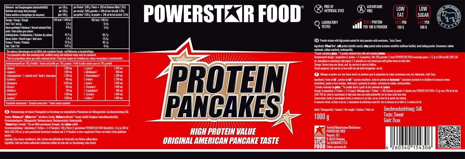 PROTEIN PANCAKES | 1000g | Low carb Pfannkuchenmischung | low fat | Nur 1,7% Zucker & 1,2% Fett | Ganze 41,1g Protein p.P. | Köstlicher Geschmack | Perfekt als Frühstück & zwischendurch (Süß, 1000g Dose)