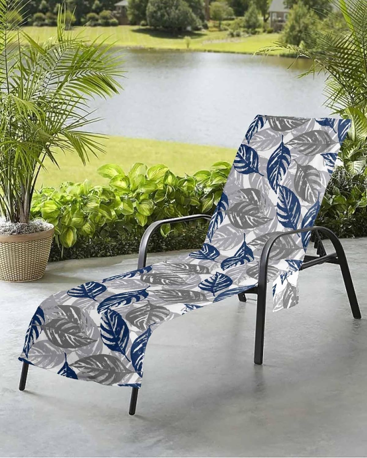 Navy Blue Grey Beach Pool Patio Lounge Chaise Chair Cover Towel With Pockets,Absorbent & Quick Dry Microfiber Towel Cover Bag Summer Accessories for Sunbathing Leaves Abstract Minimalist Leaf