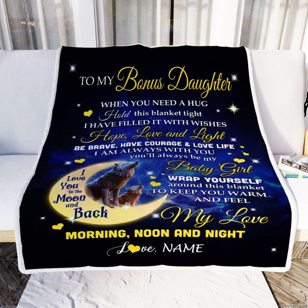 Personalized to My Bonus Daughter Blanket from Stepmother Stepdad I Am Always with You Wolf Stepdaughter Birthday Christmas Customized Fleece Throw Blanket (30 x 40 in Baby Size)
