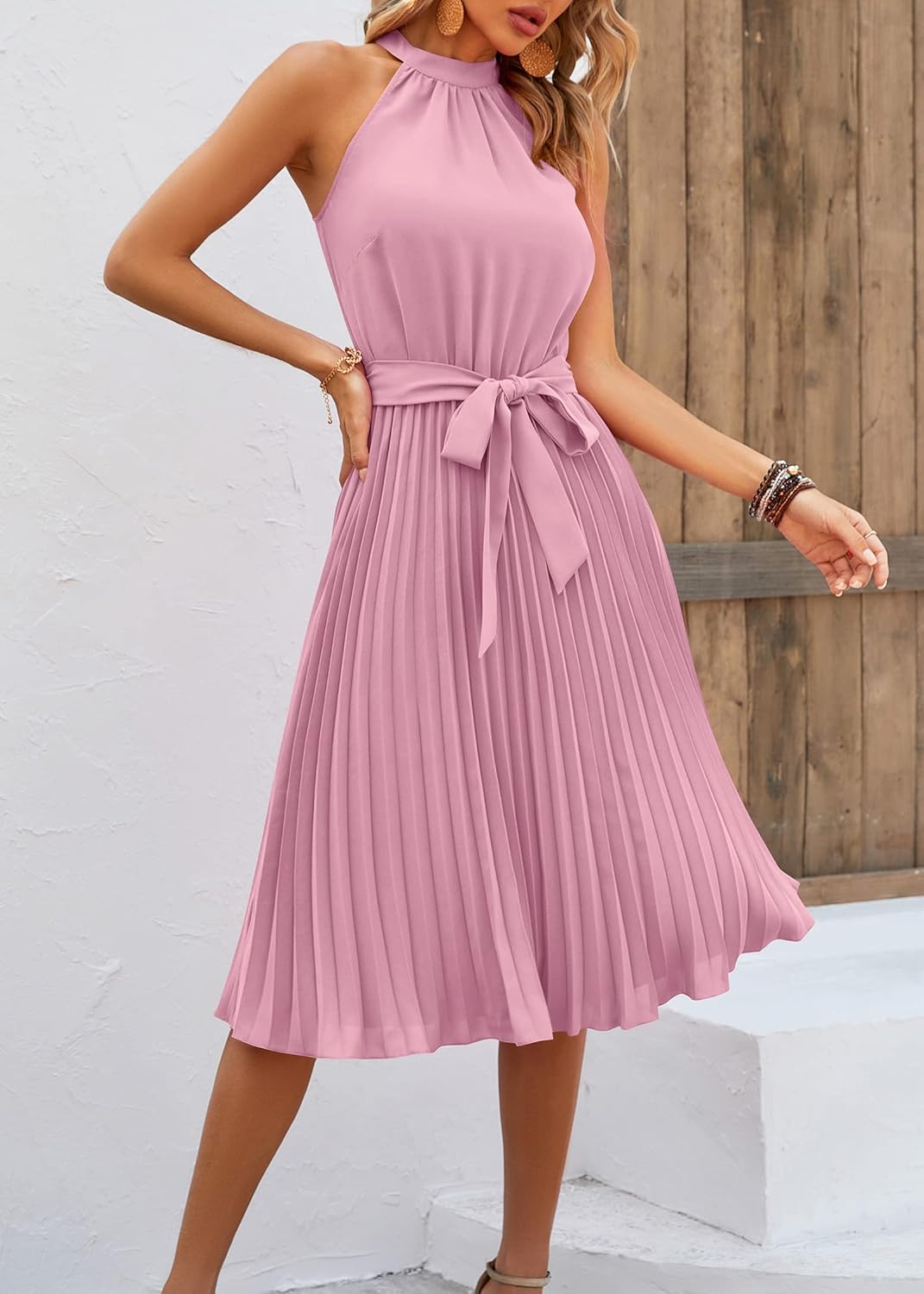 KIRUNDO Women's 2026 Summer Sleeveless Halter Neck Pleated Midi Cocktail Dresses A Line Flowy Beach Sun Dress with Belt - Image 3