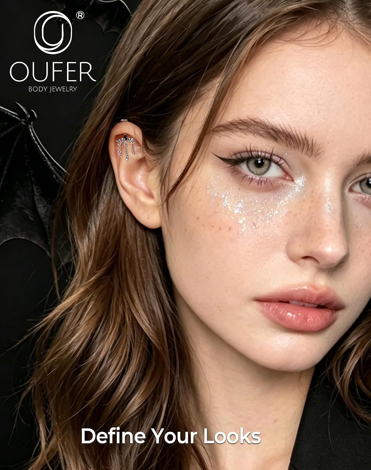 OUFER Bat Hidden Helix Jewelry-16G Halloween Black CZ Chain Star Pendant Vertical Helix Piercing Jewelry, Flat Back Earring Vertical Rook Tragus Earrings