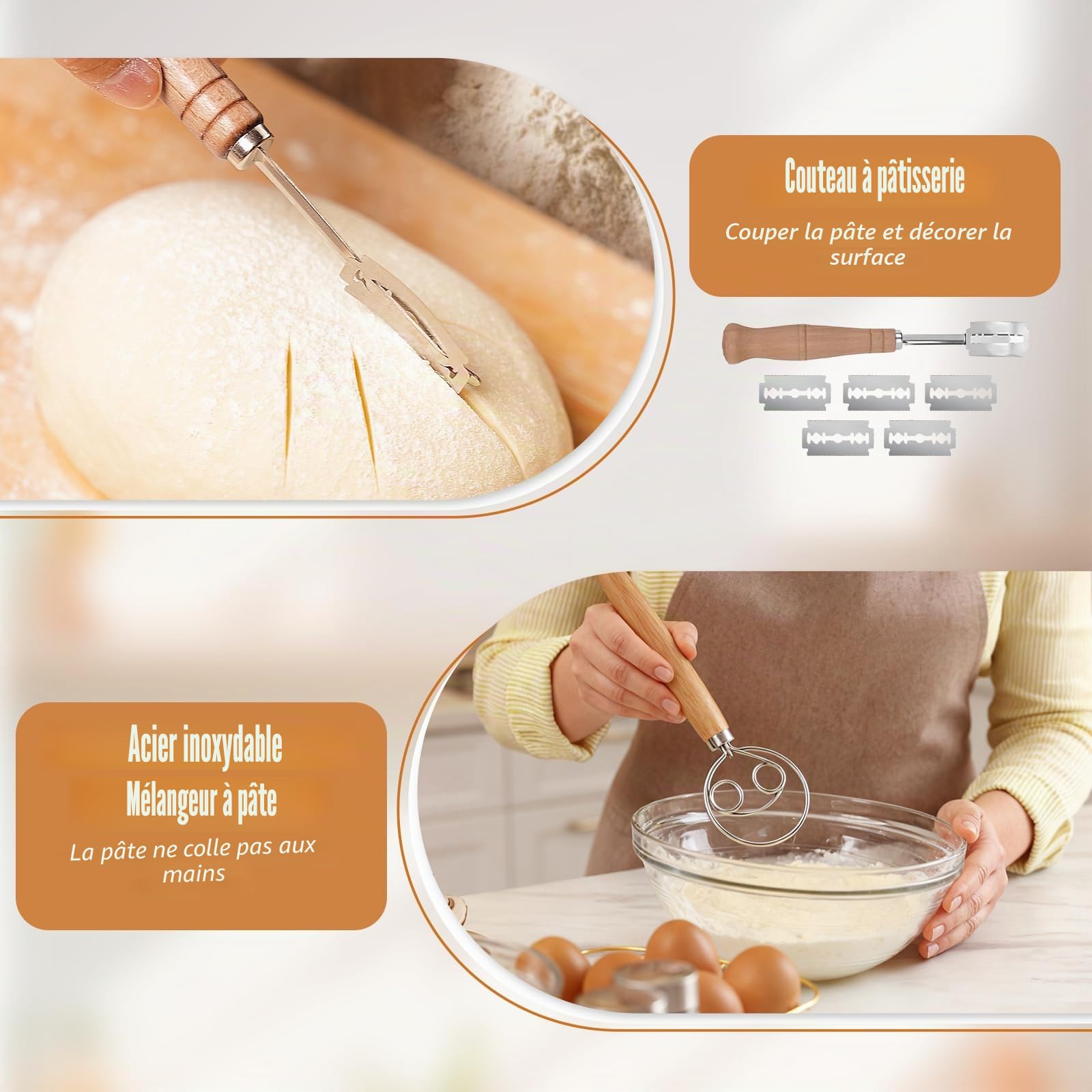 Banneton Pour Pain, Rond et Ovale Banneton, 11 Pièces Kit Pain Au Levain, Avec 2 Paniers De Levain, Couteau à Avec 5 Lames, Brosse, Grattoir Et Housse De Linge, Kit Boulangerie Professionnel