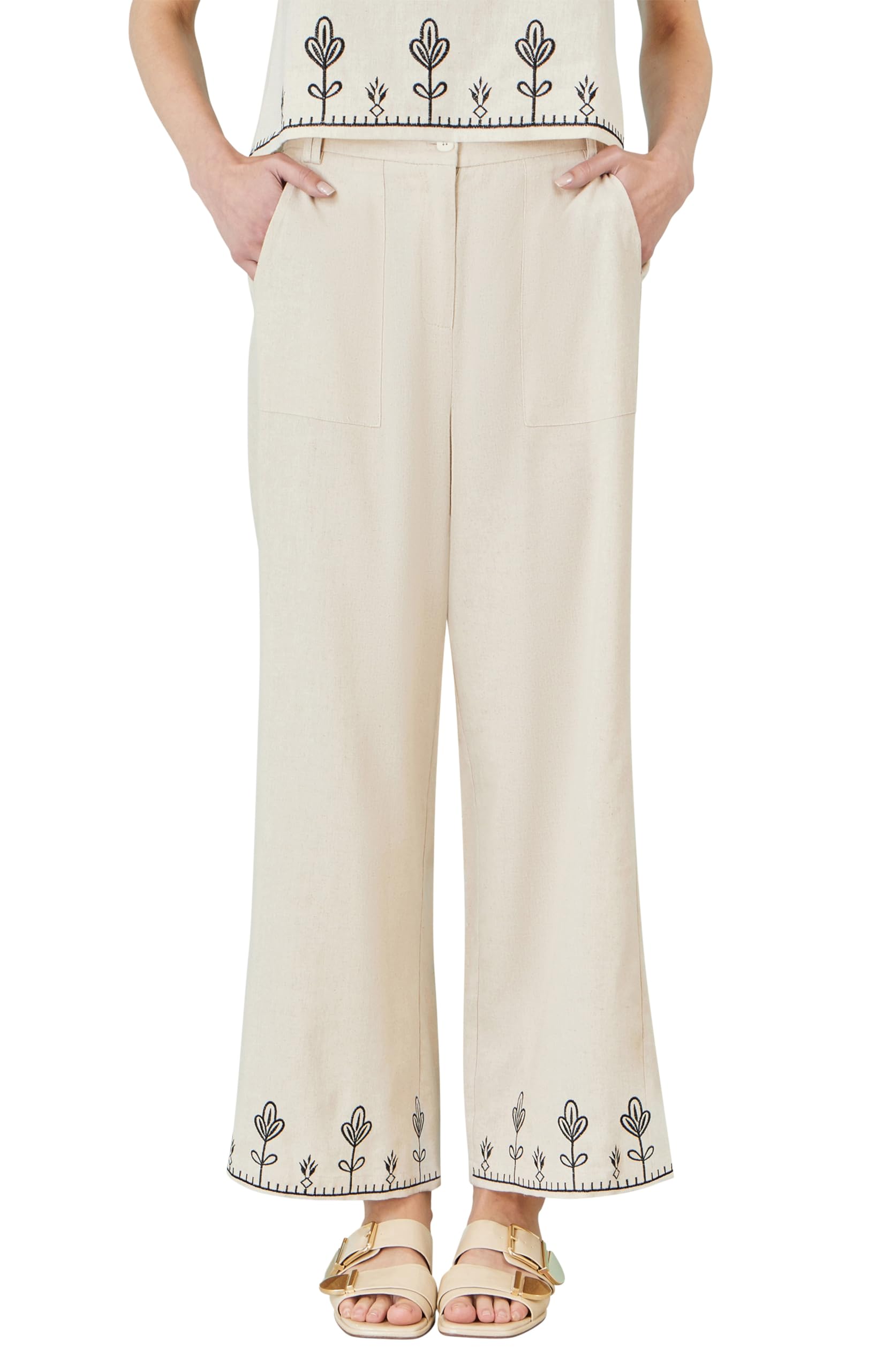 Yumi Ivory Linen Mix Embroirdered Trousers (UK, Numeric, 16, Regular, Regular, Ivory)