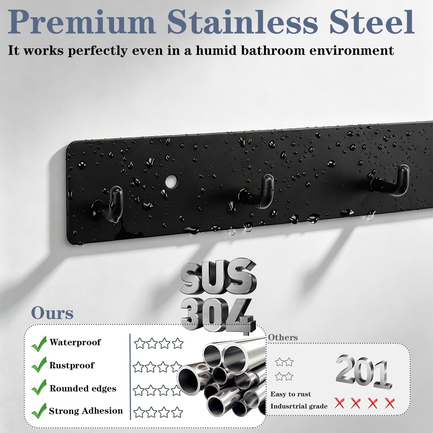 Coat Rack Wall Mounted, Heavy Duty Wall Hooks for Hanging Keys Purse Towel Coat, Stainless Steel Entry Coat Hooks Rack, Large Adhesive Key Holder Towel Racks for Bathroom RV (Black, 2 Pack)