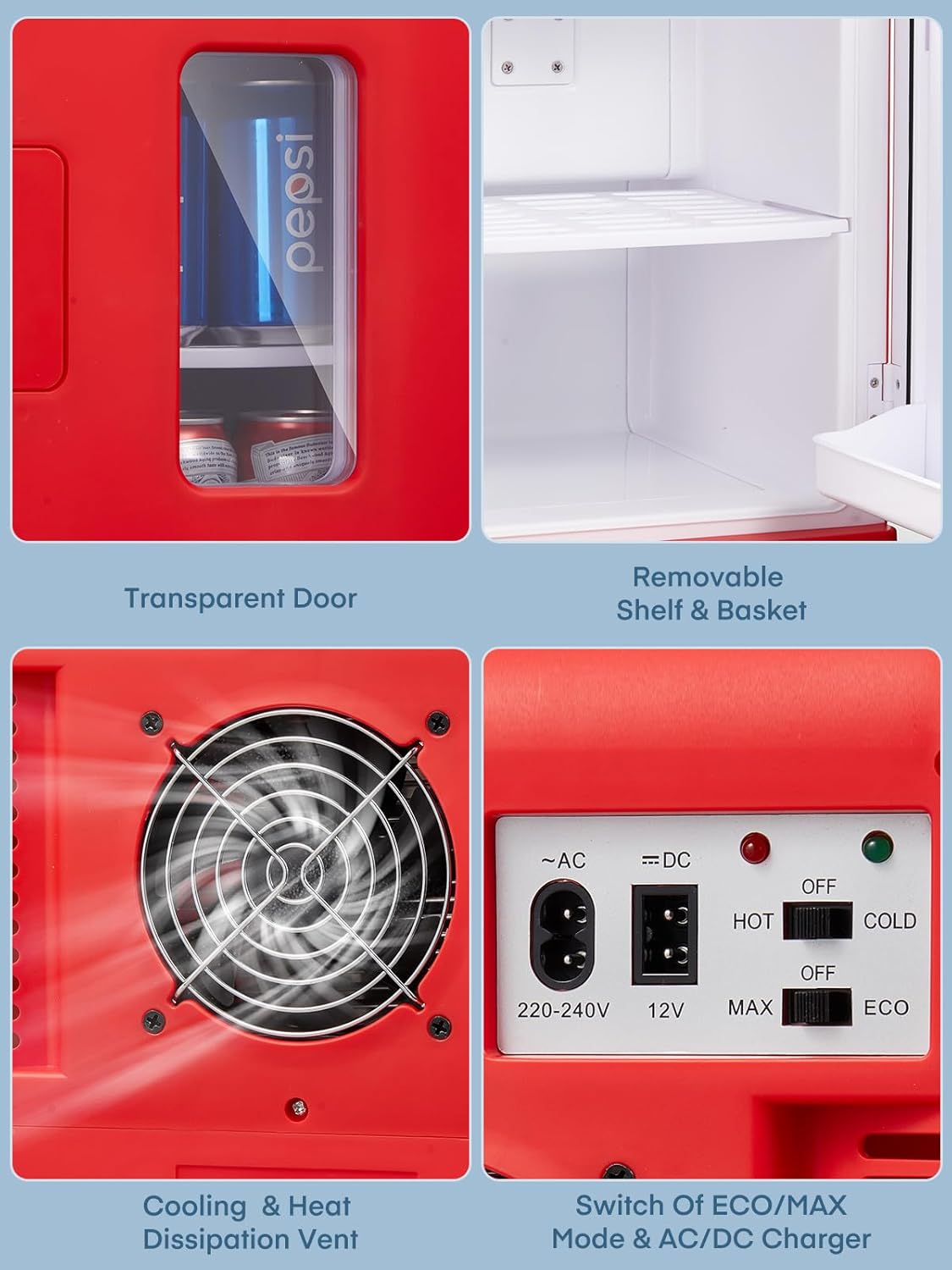 Mini Fridge 15 Liter/21 Cans, Portable AC+DC Power Small Fridge for Bedroom, Car, Office, Thermoelectric Cooler and Warmer Skincare Fridge for Food, Drinks, Cosmetics, Max & ECO Mode 8