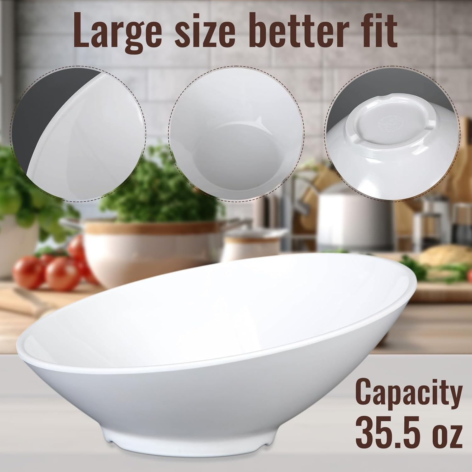 Sawysine 4 Pack 36 oz Melamine Angled Serving Bowls 10 Inch Slanted Salad Bowls White Melamine Bowl for Fruit Snacks Chip Candy Pasta Cereal Soup Prep Restaurant Holiday Wedding Party