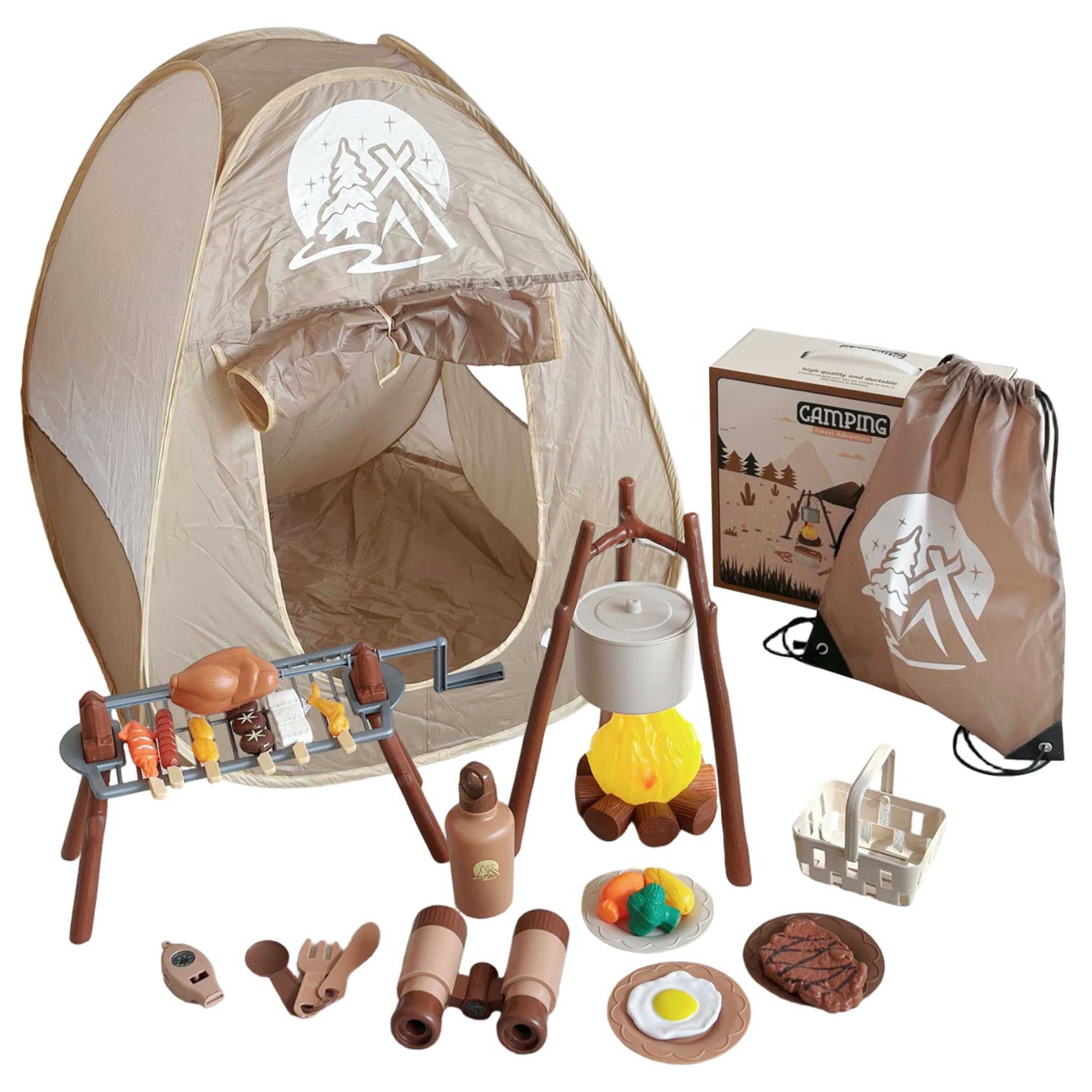 Juego de camping para niños con tienda de campaña, barbacoa giratoria y fogata iluminada, 34 piezas de juguetes para juegos de rol imaginativos, juguetes para niños de interior y exterior a partir de
