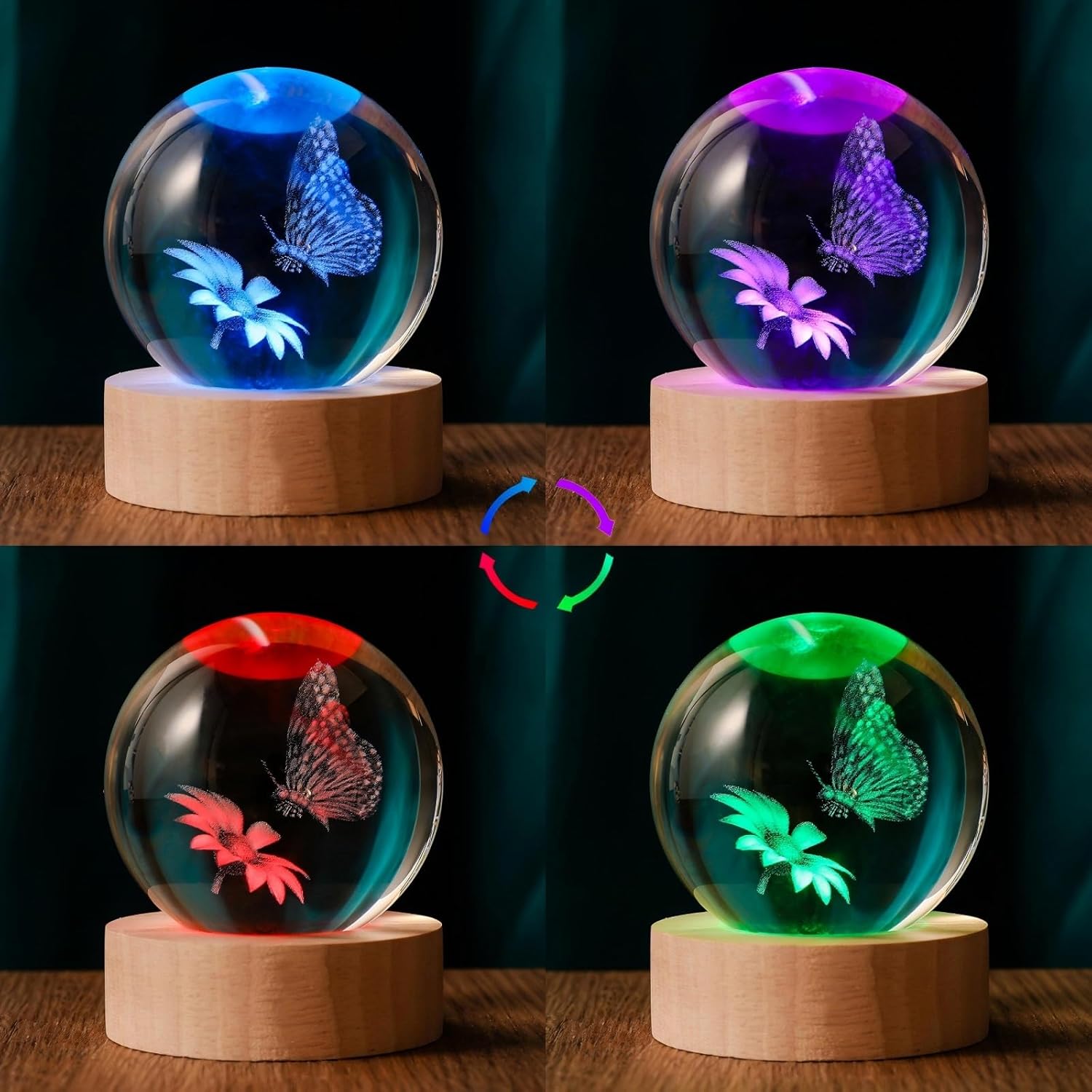 3D Butterfly 60mm Crystal Ball Butterfly Figurine Night Light Lamp Gifts for Women Wife Girlfriend Couple Her