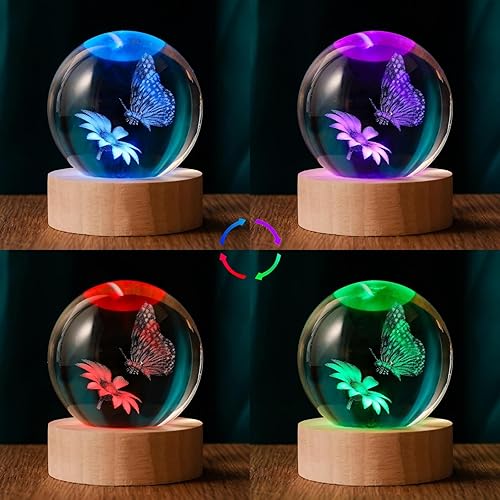 Miniatura 4 de Mariposa 3D de 2.362 in, bola de cristal, estatuilla de mariposa, lámpara de luz nocturna, regalos para mujeres, esposa, novia, pareja