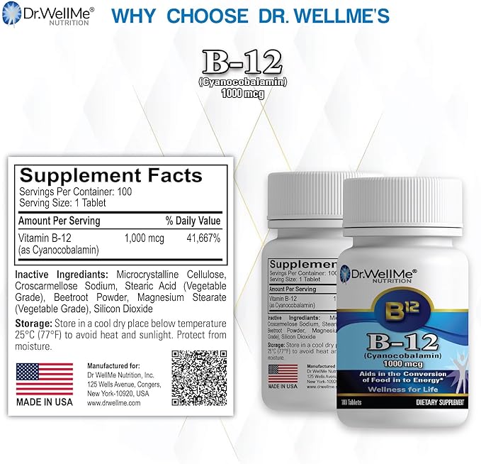 Dr.WellMe B-12 1000 mcg Tabletas de Vitamina - 100 Tabletas - Vegano miniatura 2