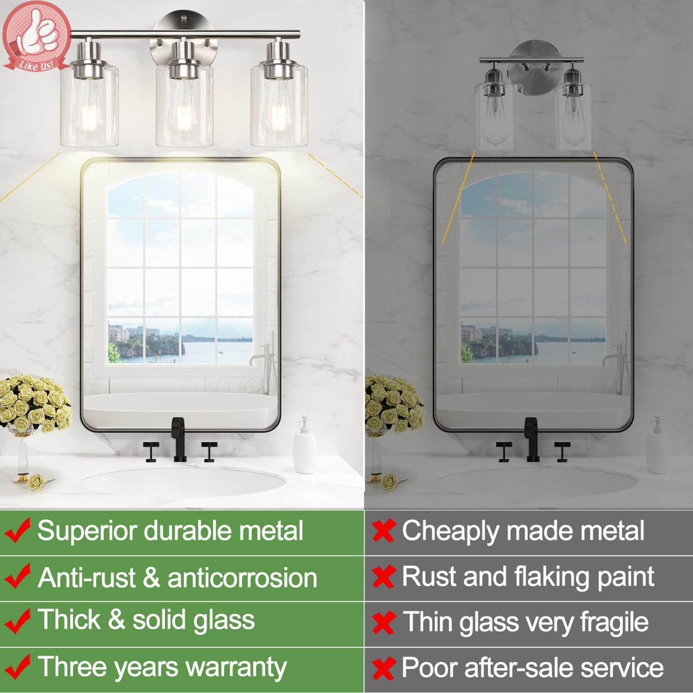 Zarbitta 3-Light Bathroom Light Fixtures, Brushed Nickel Vanity Light, Farmhouse Wall Lights with Clear Glass Shade, Bathroom Wall Lamp for Mirror Kitchen Bedroom Hallway Living Room Hallway Cabinet