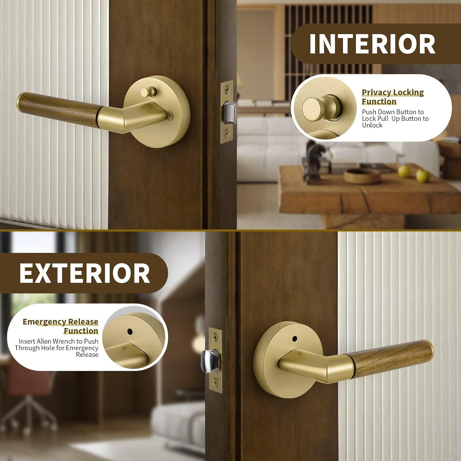 Interior Privacy Door Handle, Indoor Solid Wood Heavy Duty Door Lever with Satin Brass Finish Round Hardware, Gold Reversible Keyless Left Right Handed Round Turn Lockset for Bedroom&Bathroom 2 Pack