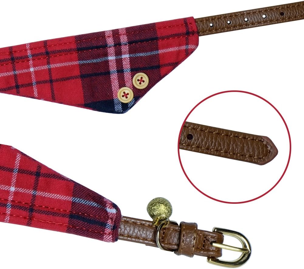 Dog Cat Collars Leather for Small Pet Adjustable Bow-tie and Scarf Puppy Collars with Bell Cute Plaid Bandana Dog Collar(2 Pack) (red Plaid)