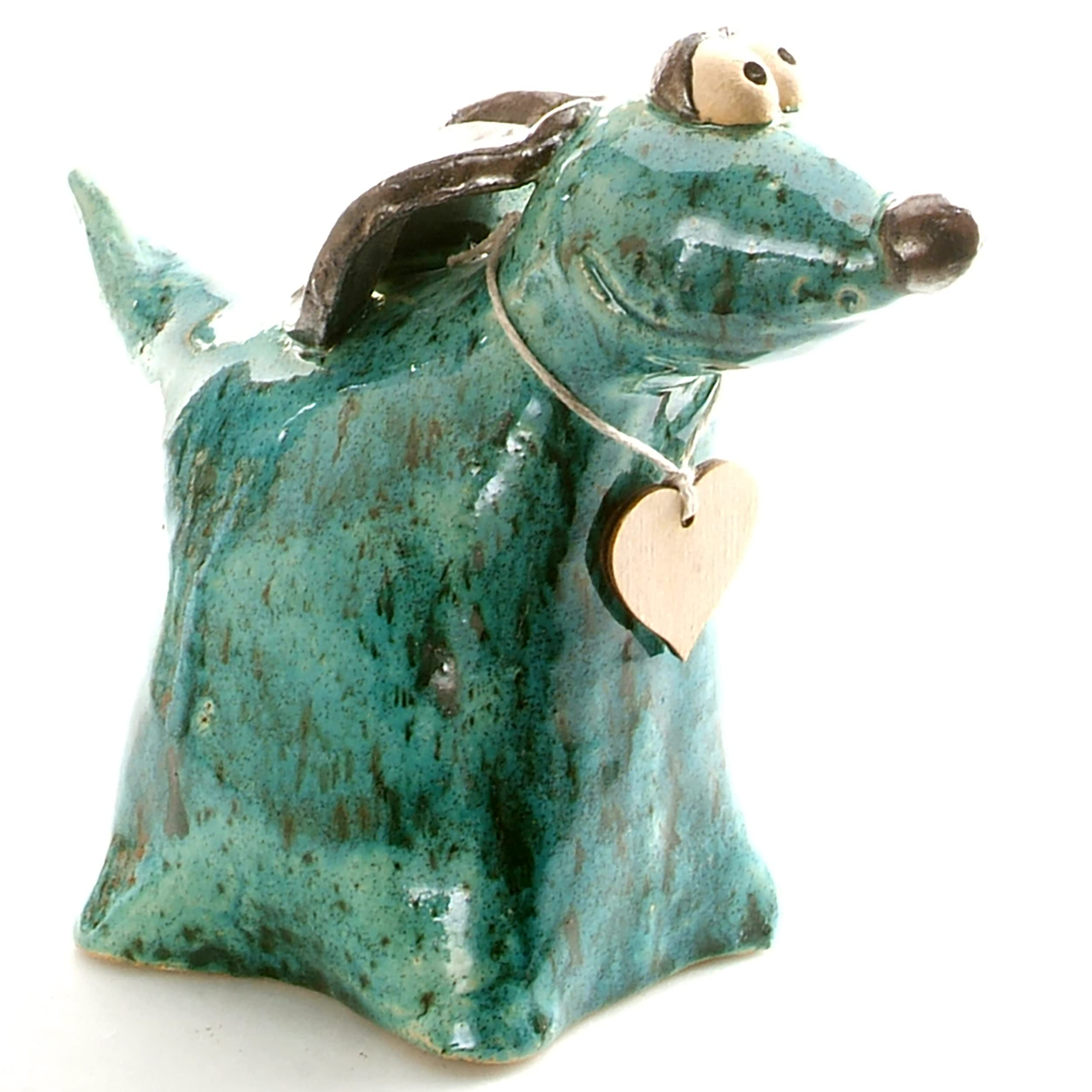 EnigmaSupplies Turquoise Greyhound with Wooden Heart to write a Message Ceramic Quirky Ornament Gift For Dog Lovers