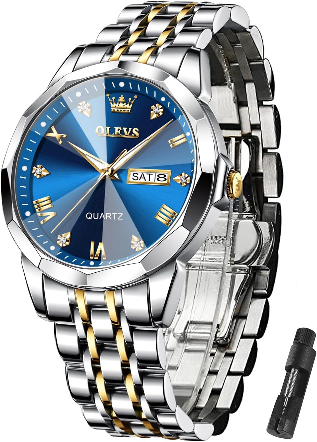OLEVS Mens Watch Stainless Steel Analog Quartz Watches for Men Day Date Easy Read Diamond Waterproof Dress Luxury Classic Casual Big Face Blue/Black/Gold/Silver Roman Arabic Numerals Men's Wrist Watch