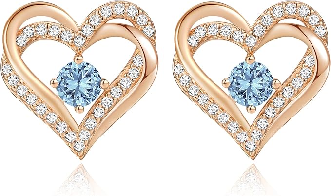 CDE Forever Love Heart Stud Earrings 925 Sterling Silver with Birthstone Zirconia, Anniversary Birthday Jewelry Gifts for Women Wife Her Girls