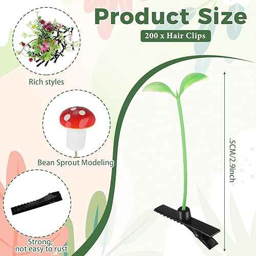 Miniatura 2 de Tigeen 100 pinzas para el cabello con brotes de frijoles, horquillas divertidas para plantas, brotes de hierba, flores, mariposa, hongos, accesorios