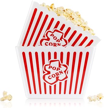 RAYMEA Plastic Popcorn Buckets, 2 Pack Large Reusable Red & White Retro Style Popcorn Containers for Movie Night, Parties, Family Snacks and Home Theater