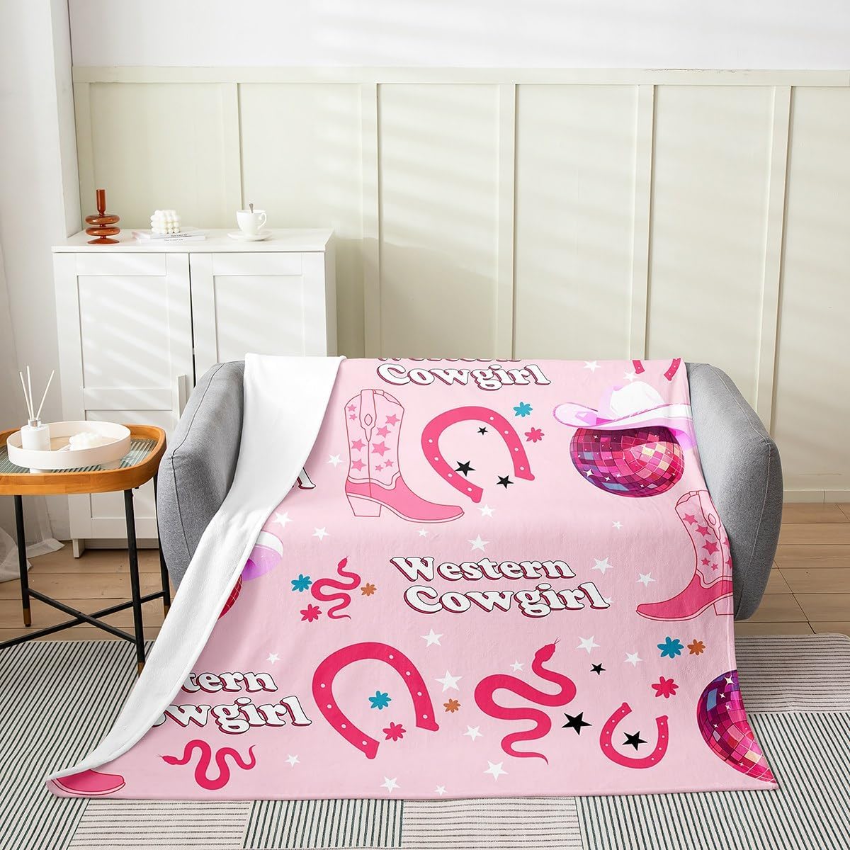 Western Cowgirl Flannel Blanket Queen 90"x90" Warm Lightweight,Southwest Farmhouse Pink Boots Hats Flannel Sherpa Blanket,Girly Horseshoe Tribal Animals Breathable Flannel Plush Blanket Room Decor