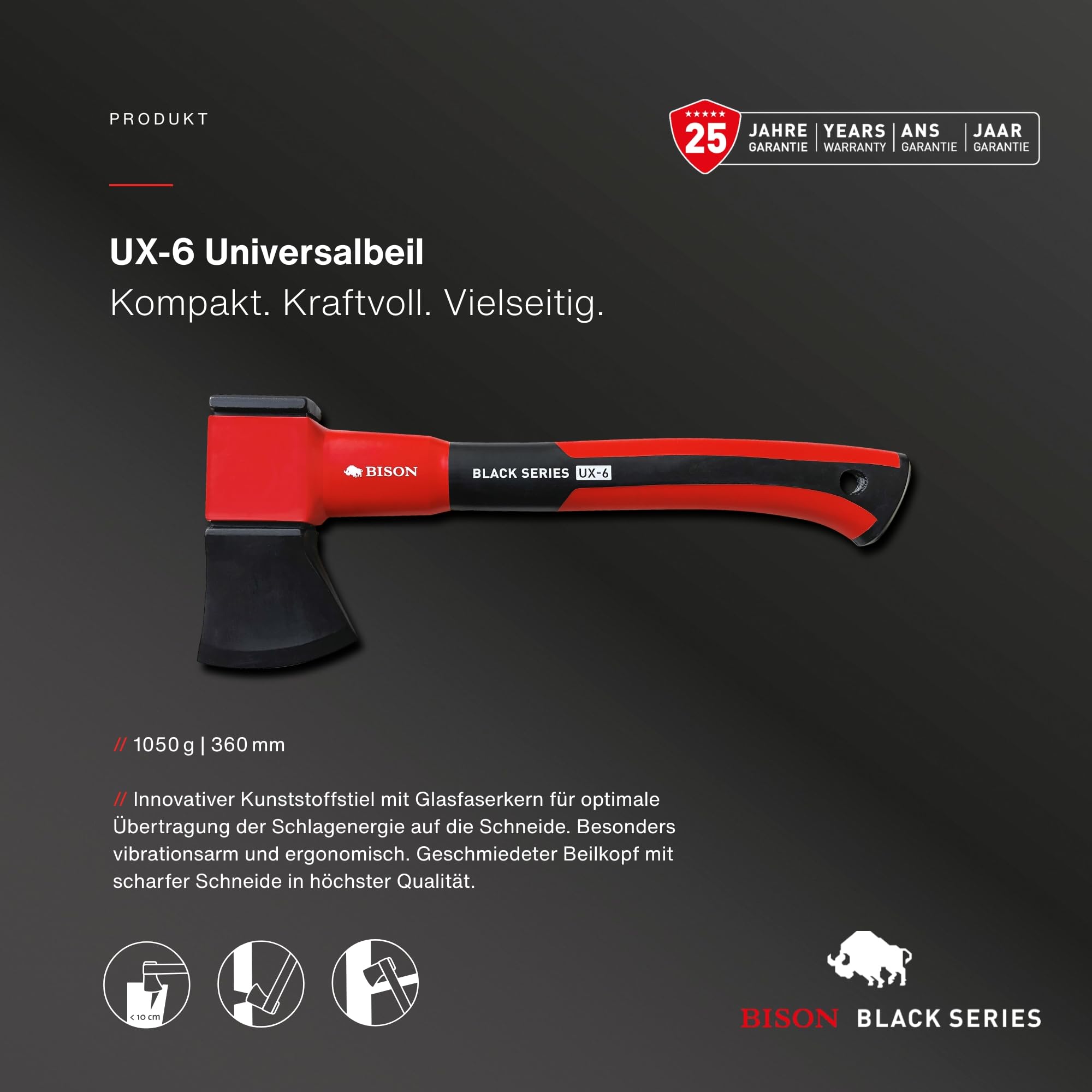 Bison Black Series UX6 Universalbeil – Kompaktes Beil mit Glasfaserstiel, kraftvoll & vielseitig, Forst-, Garten- & Campingbeil, ideal für Anmachholz & Brennholz