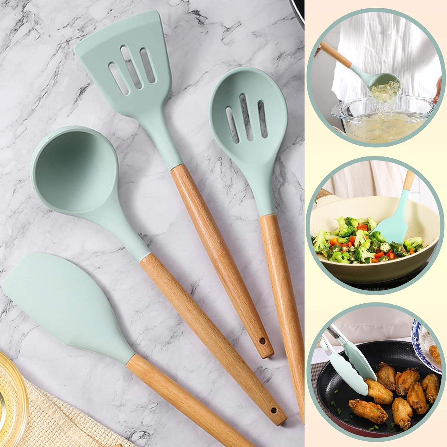 12 pcs Silicone Cooking Utensils Kitchen Utensil Set with Holder Heat Resistant Silicone Spatula Turner Set Wooden Spoons Kitchen Gadgets Tools Cooking Utensils for Nonstick Cookware (Light Green, 12)