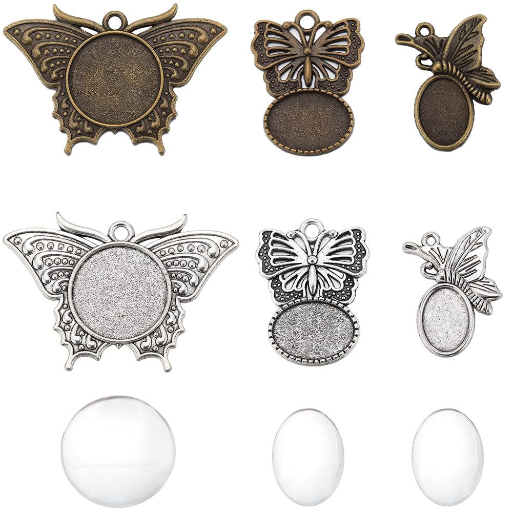 SUNNYCLUE 48 Stück DIY 24 Sets Cabochon Lünettenfassungen Lünette Anhängertabletts Cabochon Rohlinge Antik Bronze Silber Schmetterlings Anhängertablett Rohling Mit Runden Ovalen Glascabochons Für Schm