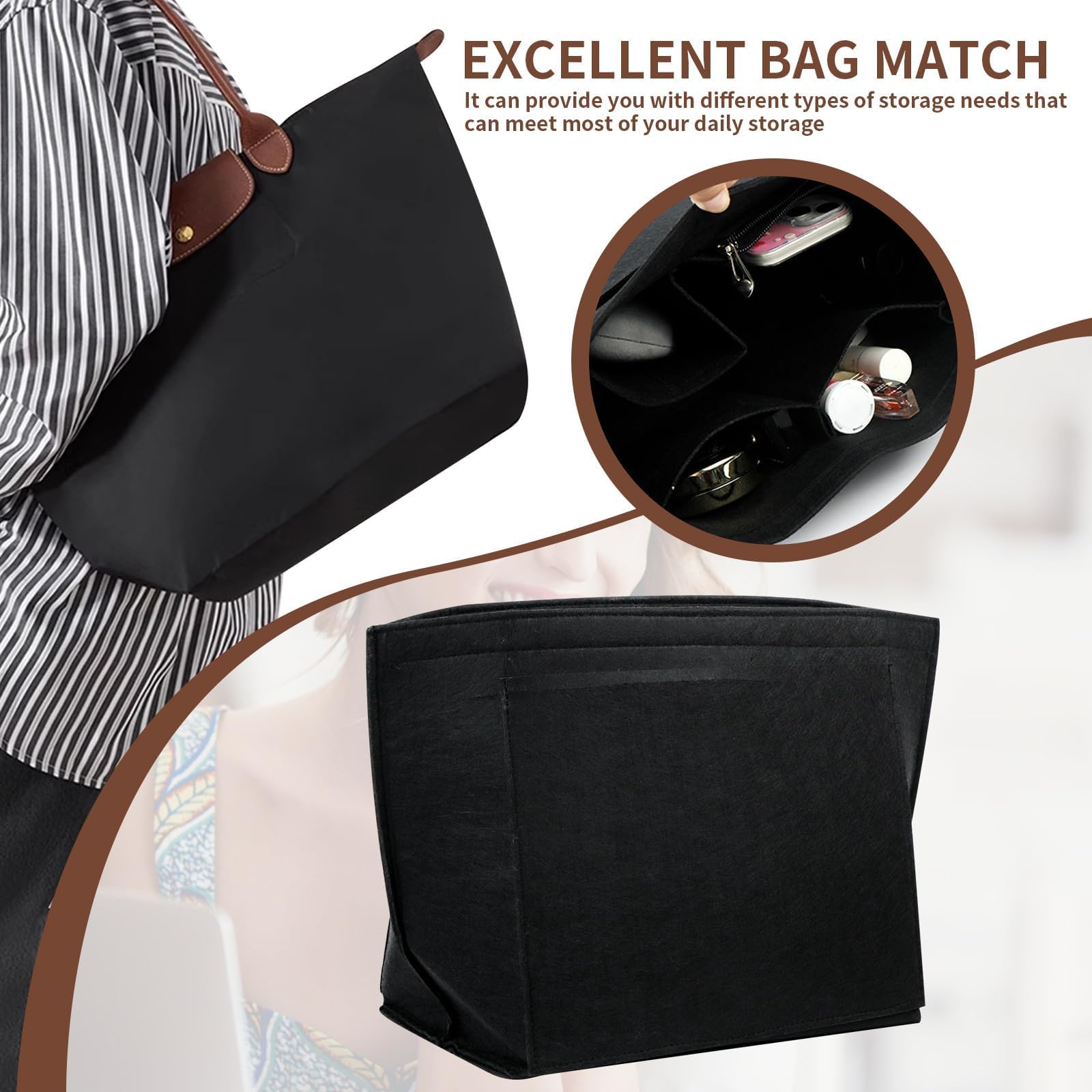 Organisateur de Longchamp Sac à Manches Longues, Organiseur de Sacs à Main Pour Femmes, Organiseur de sac à Main en Feutre, pour les Sacs à Main et de Transport (Noir, L)