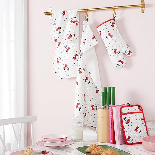 Miniatura 3 de Kate Spade New York Cherry Dot - Juego de 4 toallas de cocina, guantes de horno y soporte para ollas, 17 x 28 pulgadas, 7 x 13 pulgadas, 7 x 10