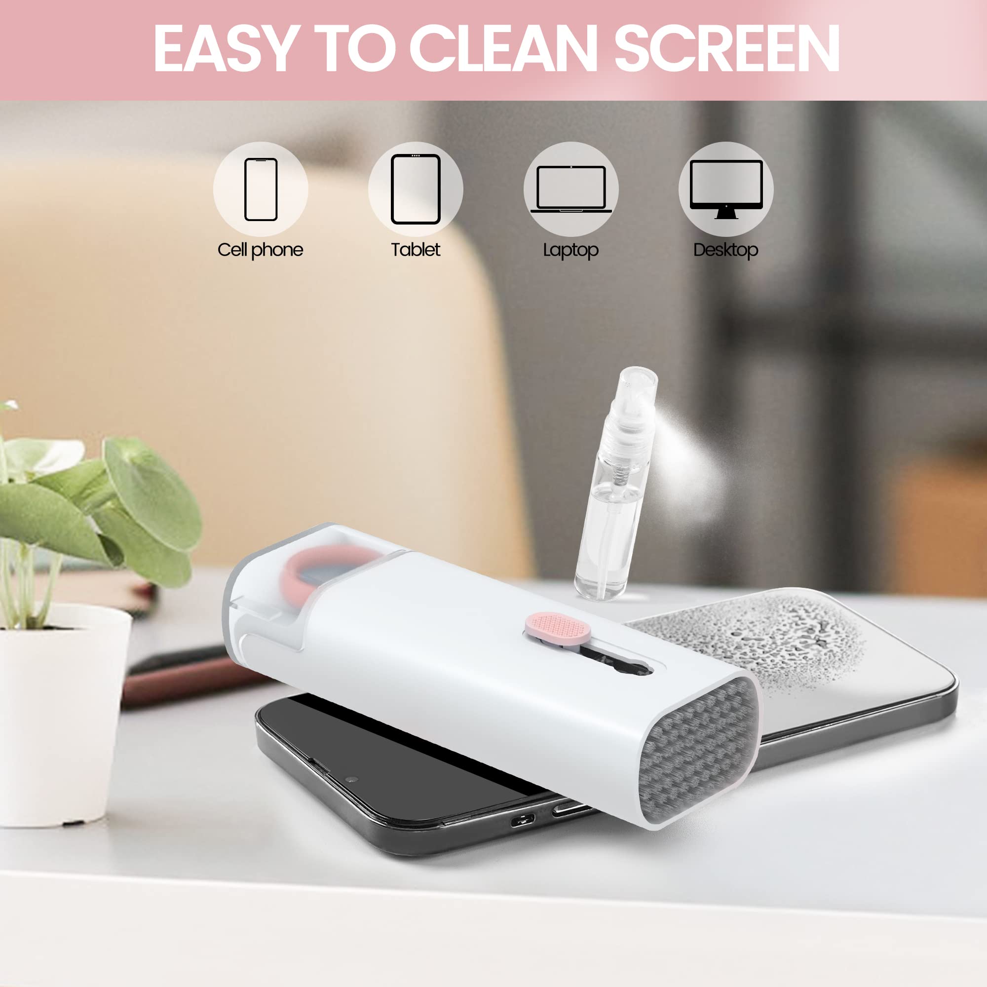 7 in 1 Elektronisches Reinigungsset für Monitor, Tastatur, Airpods, MacBook, iPhone, iPad, iPod, Display-Staubbürste inkl. Soft Sweep, Airpod-Reiniger-Kit, Tastenabzieher und Sprühflasche (Rosa)