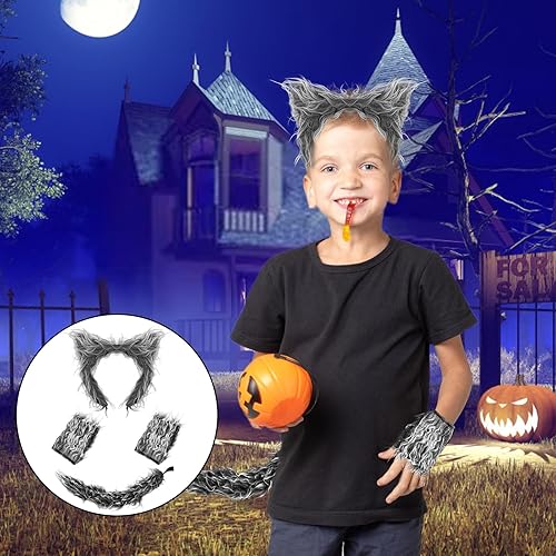 Miniatura 5 de Erythem Juego de cola y guantes de orejas de lobo para niños, niñas y mujeres, accesorios de disfraces de animales de Halloween, suministros