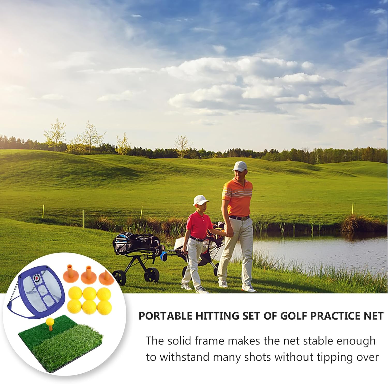 VICASKY Golf Practice Net Set with Nylon Hitting Mat, Portable Indoor Outdoor Training Net, Includes 30x30cm Blue Chipping Pad, 3 Rubber Tees, and 6 Yellow Pu Balls for Golf Swing Accuracy