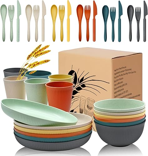 Juego de 36 platos y cuencos de paja de trigo, juego de vajilla de paja de trigo para 6 personas con platos, vasos, cuchillos, tenedores y cucharas,