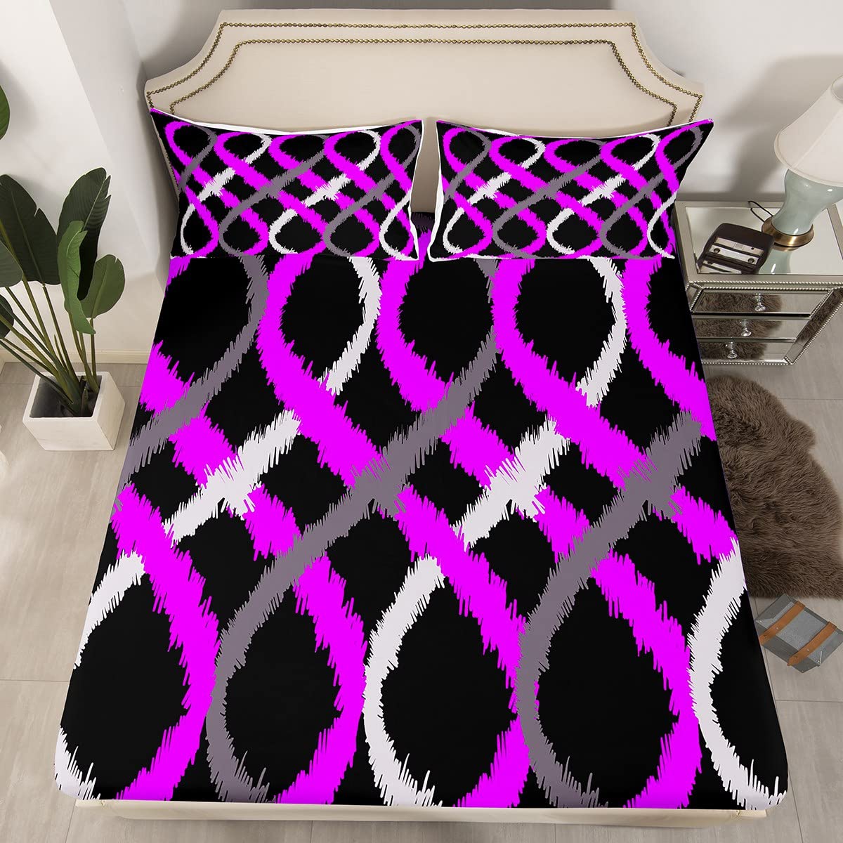 Juego de sábanas geométricas de dos tonos con sábana bajera ajustable de bolsillo profundo, color morado y negro, juego de sábanas de remolino geométrico, juego de ropa de cama retro a rayas, juego d