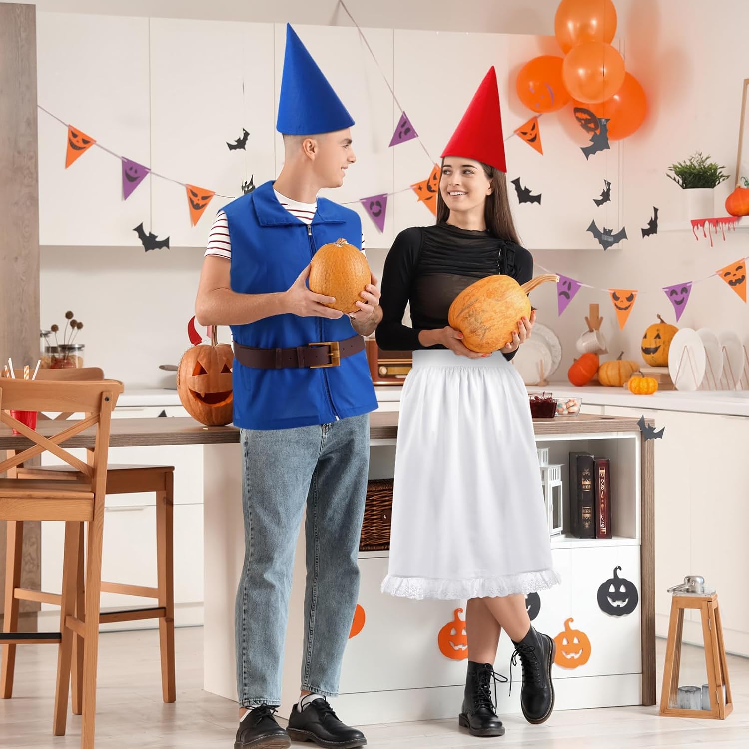 Mepase 5 Pcs Couple Garden Gnome Costume Adult Dwarf Costume with 2 Conical Felt Gnome Hats, Apron, Vest and Belt for Women Men Halloween Cosplay Dress up Party