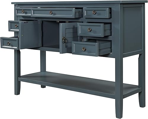 Miniatura 10 de Voohek Mesa de sofá consola de madera moderna azul de 45 pulgadas con 7 cajones 1 armario y 1 estante para sala de estar dormitorios y pasillo