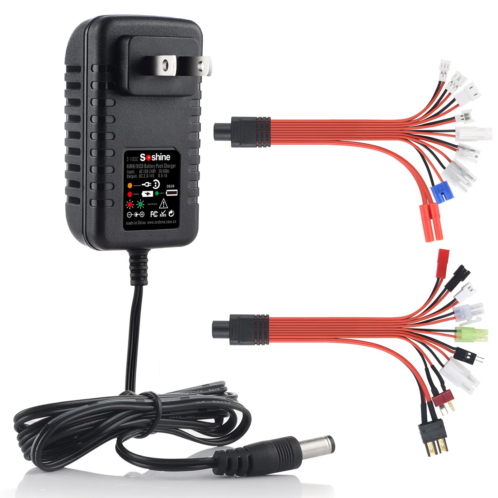 Cargador de batería RC, cargador de coche RC 2S-10S para 4.8 V, 7.2 V, 8.4 V, 9.6 V, NiMh/NiCd con 19 enchufes (no cargar para baterías Lipo/Li-ion/LiFePO4)
