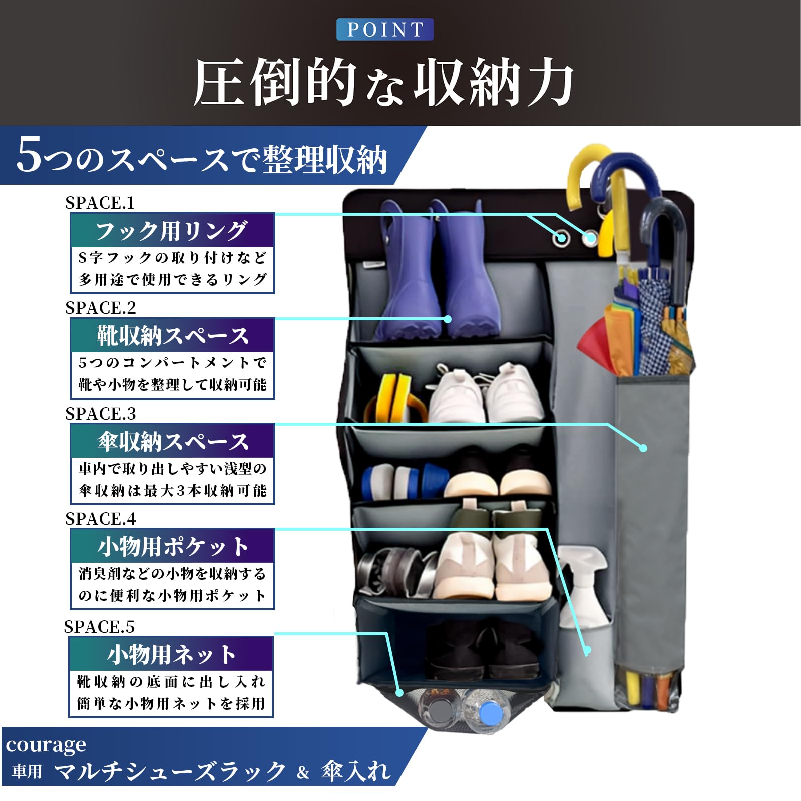 Amazon.co.jp: courage 車用マルチシューズラック&傘入れ 【車中泊用品