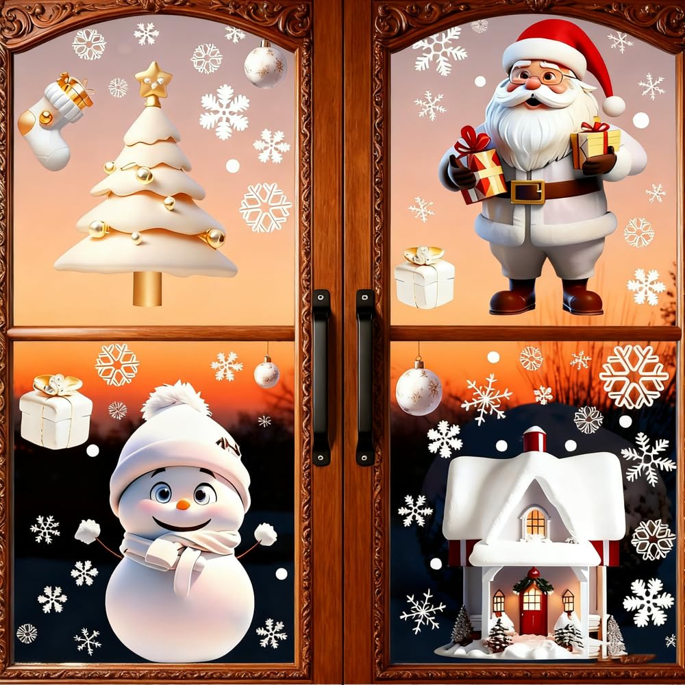 Lot De 114 Autocollants Fenêtre Noël - Flocons De Neige, Père Noël, Sapin, En PVC Réutilisable
