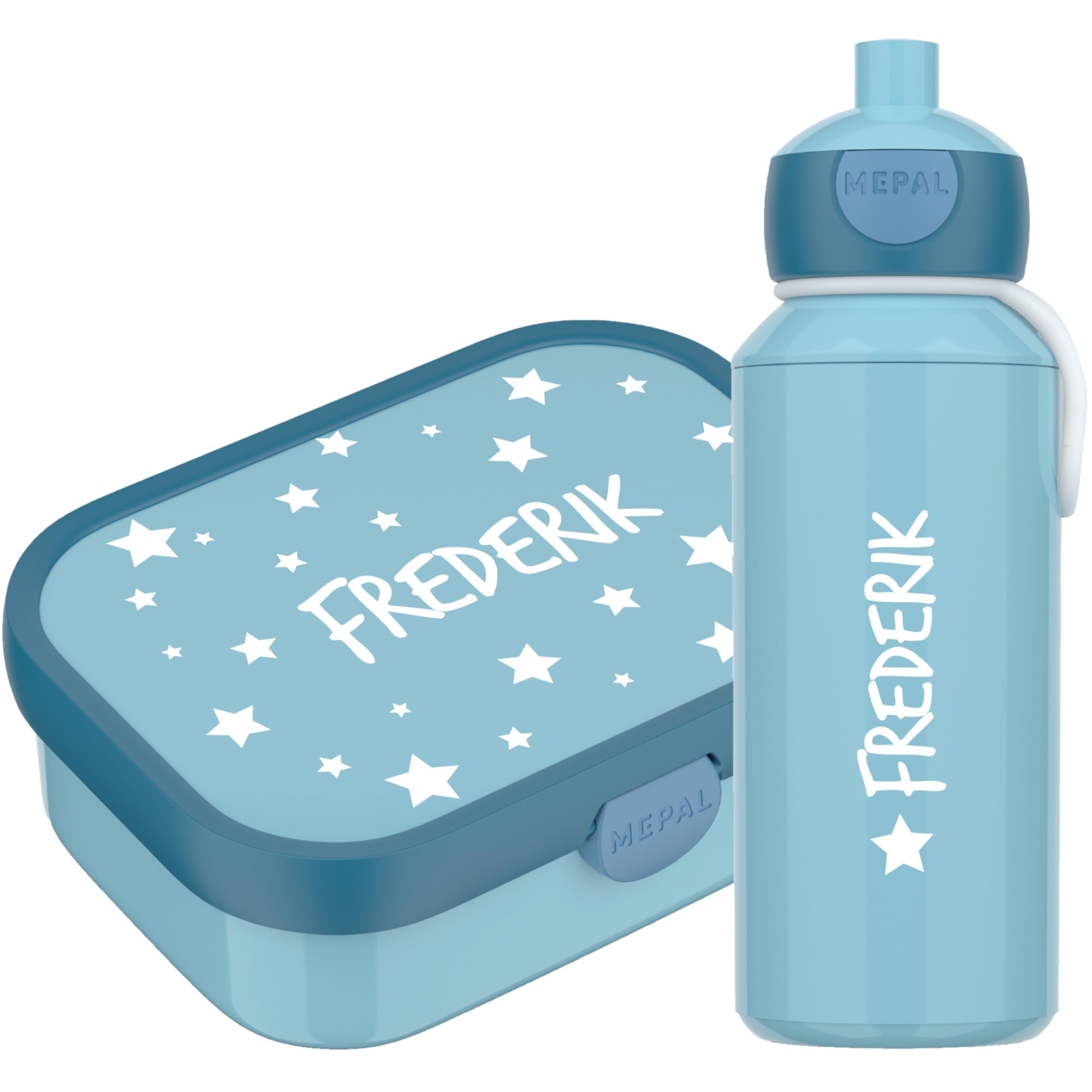 4youDesign Set: blaue Brotdose & Trinkflasche -STERNE- mit Namen für Kinder – 6 Farben, 3 Motive, inkl. Dosen-Einsatz, Gabel & Pop-Up Flasche (Cool Blue)