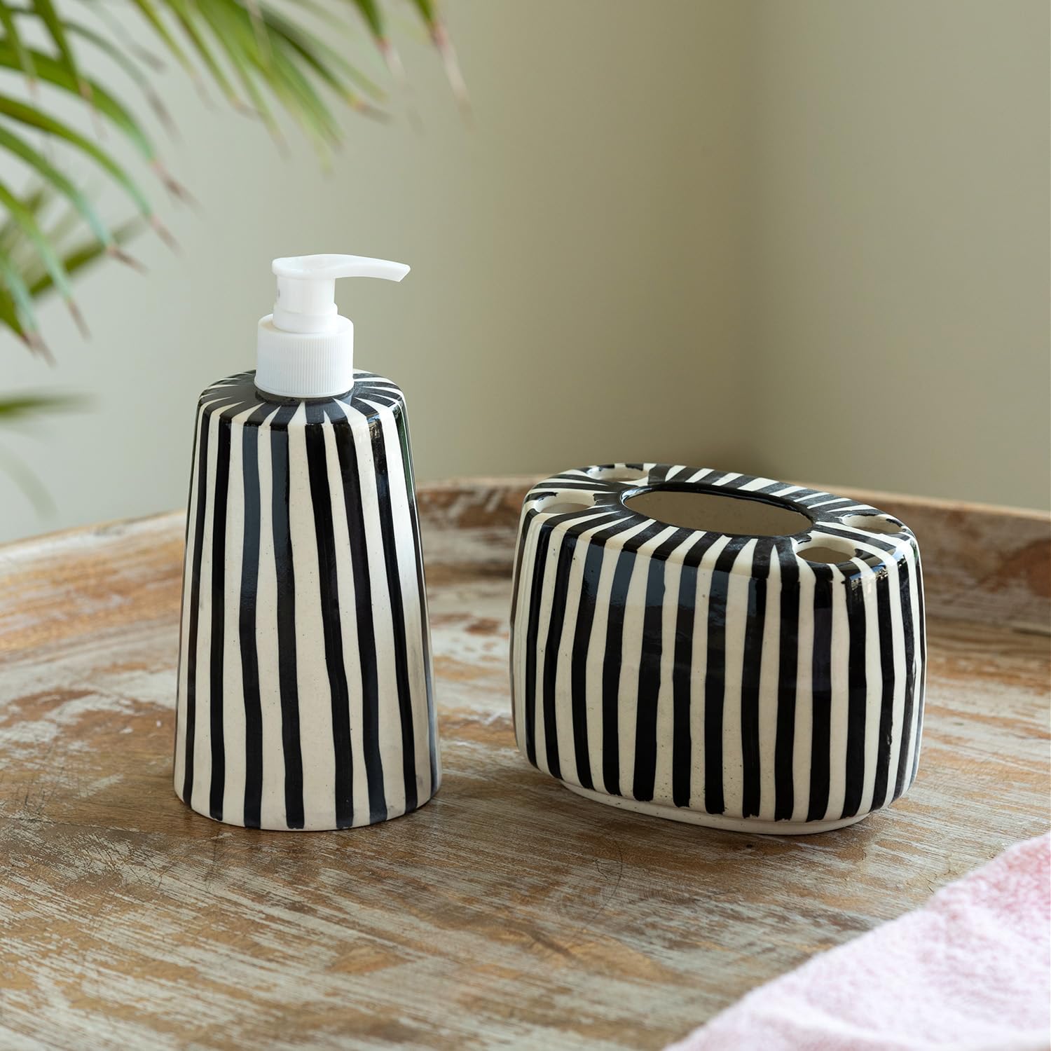 ExclusiveLane Zebra Pattern 2 Piece Ceramic Bathroom Accessories Set of 2 (Ceramic Toothbrush Holder for Bathroom, Liquid Soap Dispenser for Bathroom) | Soap Holder for Bathroom Organiser (B0D4MGC5VM) Amazon Price History, Amazon Price Tracker