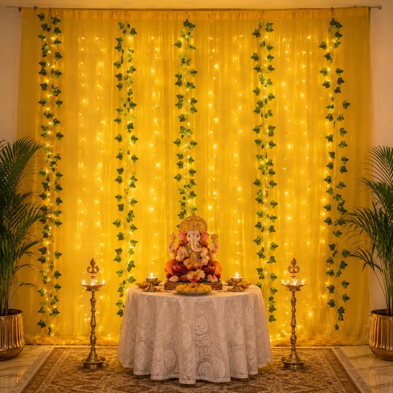 Lazybeee Backdrop Decoration Kit | Net Curtain & Artificial Plant Vines for Ganesh Chaturthi, Haldi & Mehndi, Home Decor & Birthday & Parties | (Ganesh Backdrop Design 14 - C1)