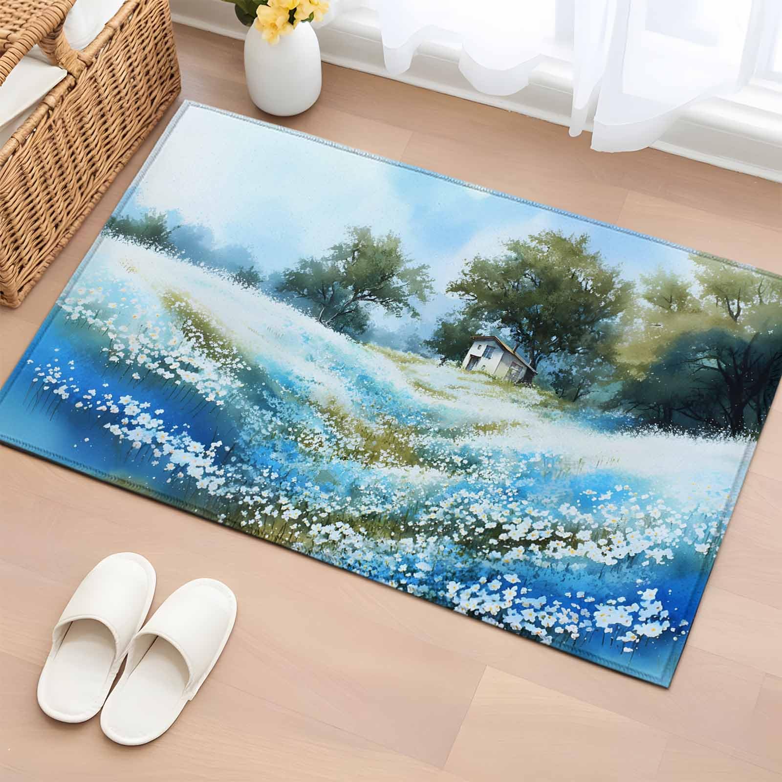 Area Rugs 2x3 for Living Room, Blue Green Spring Non Slip Washable Rug Runner, Watercolor Flower Trees Nature Landscape Low Pile Indoor Floor Carpet Mat Bathroom Rugs for Bedroom, Kids Room