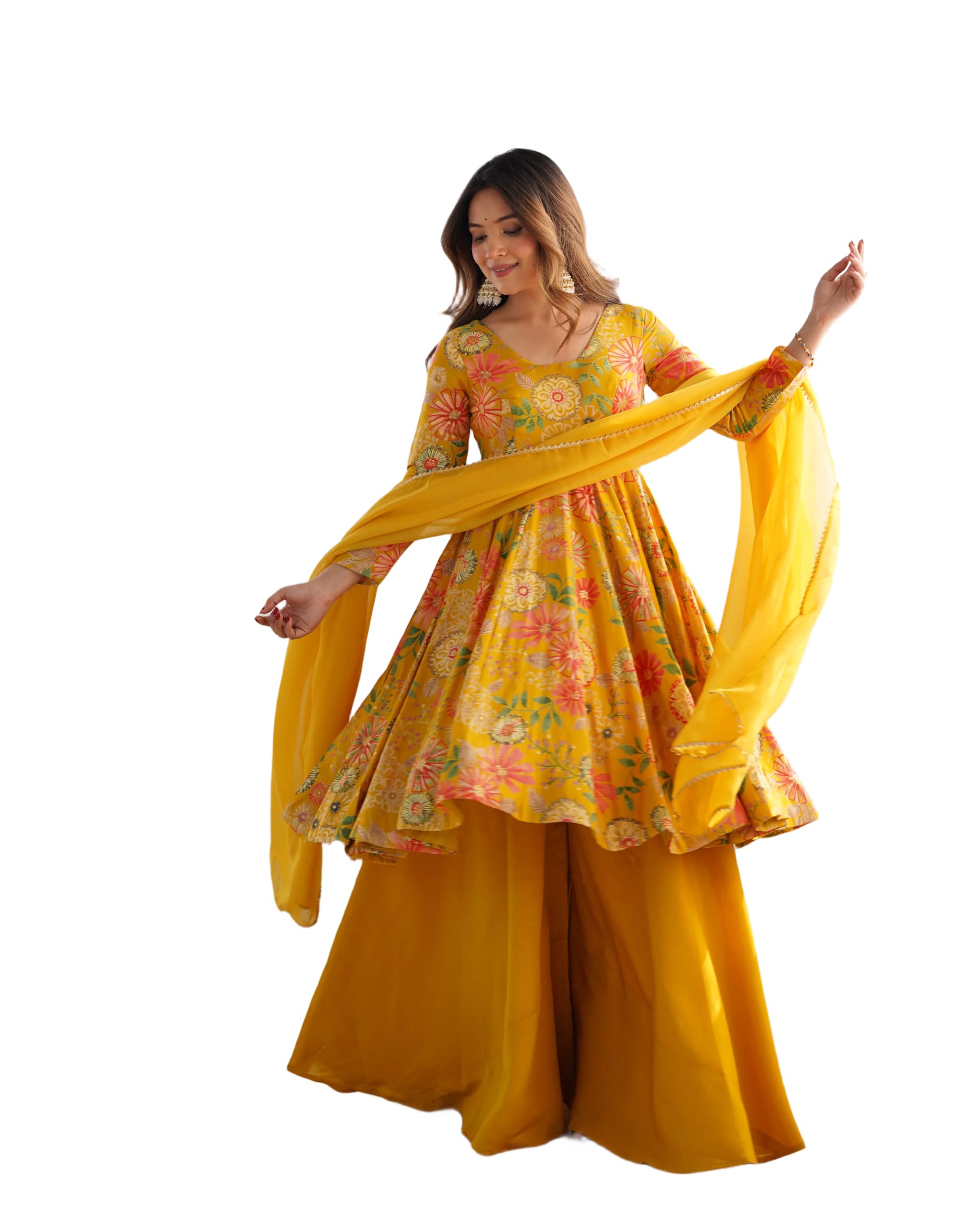 Womens Premium Embroidered Ethnic Gown Set with Dupatta and Pant Fully Stitched Traditional Indian Outfit-image-20