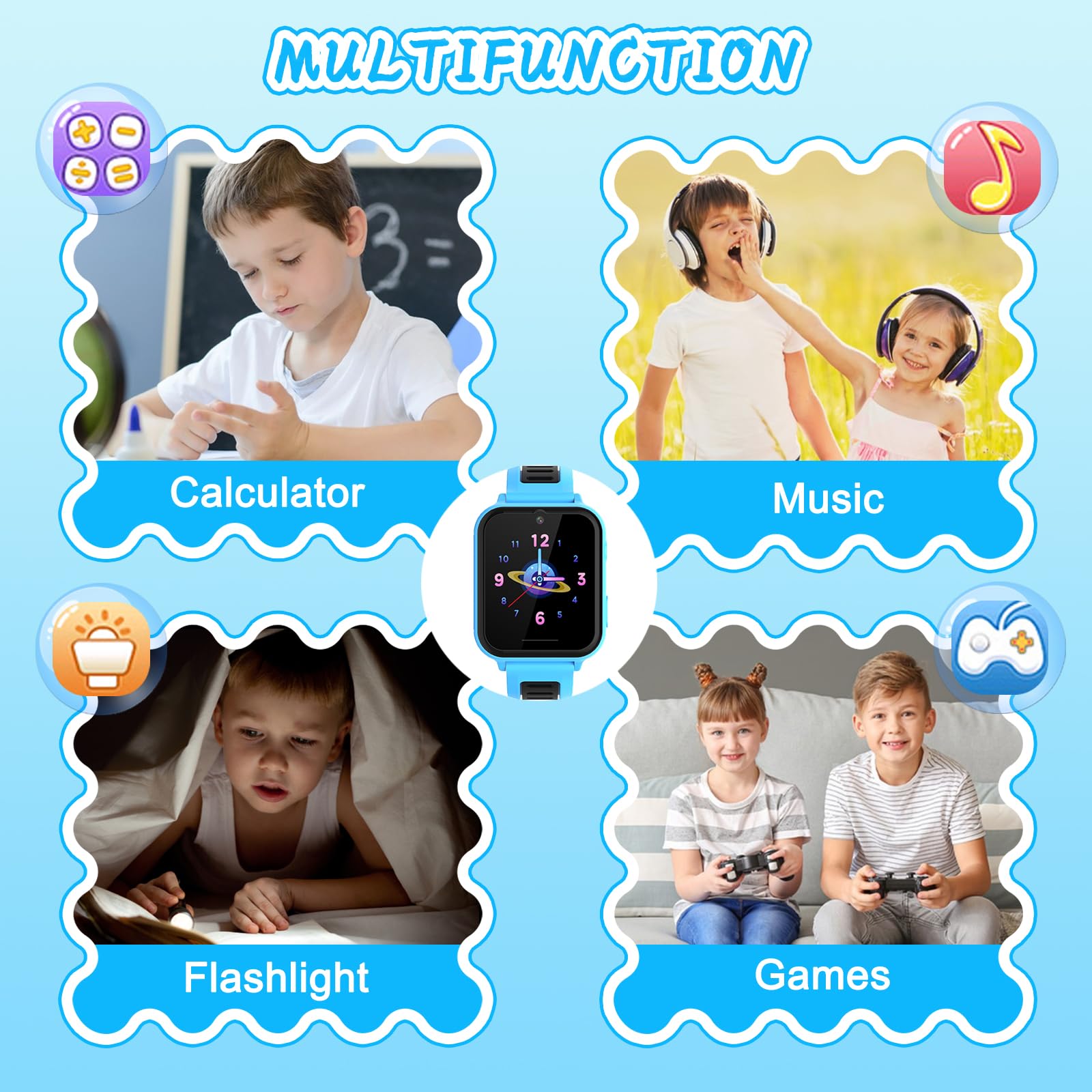 Montre Connectée Enfant Garçons Filles, Montre Intelligente Enfant avec SOS Appeler, 14 Jeux HD Caméra & Lecteur Vidéo Musique Torche, Cadeaux pour Enfants 3-12ans (Bleu)