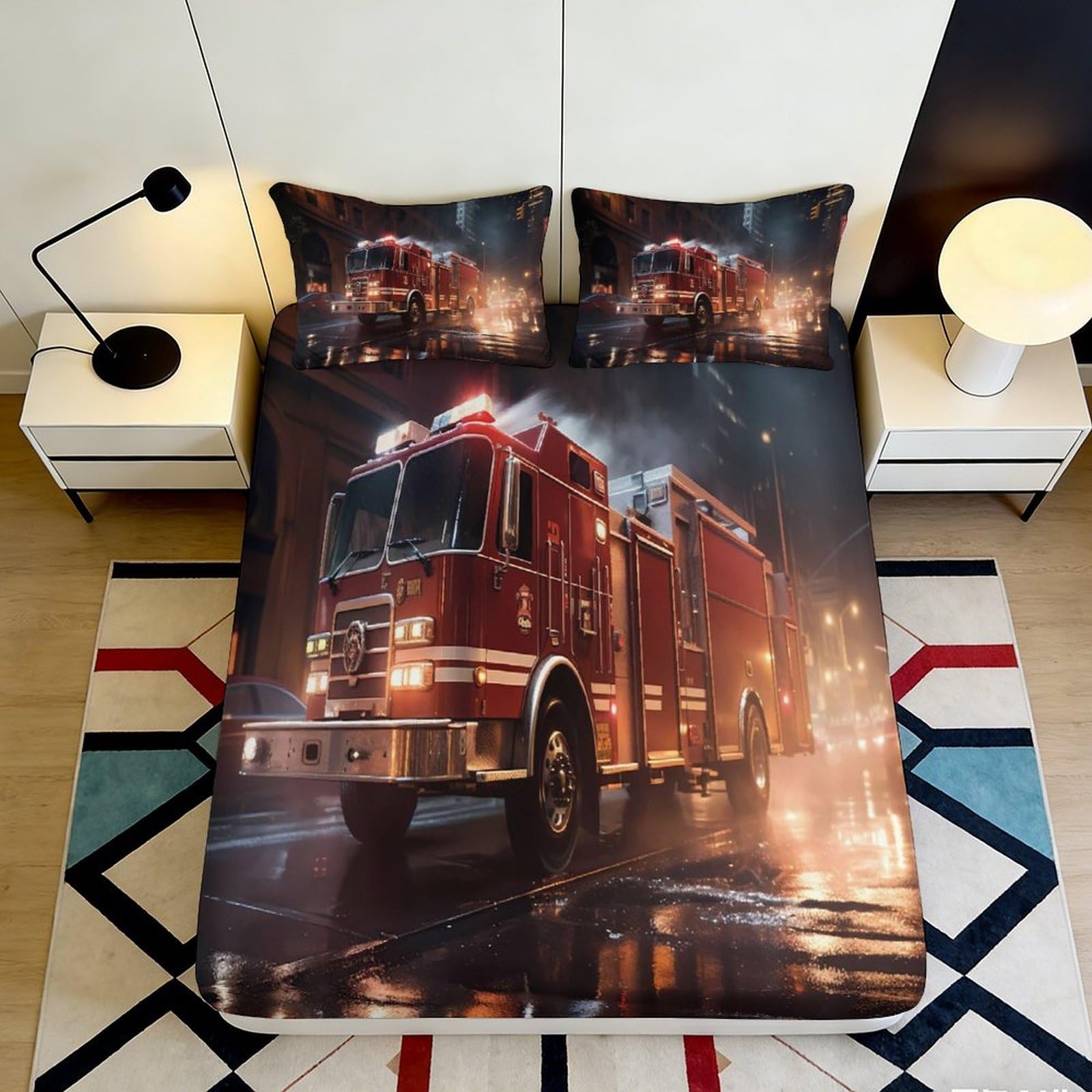 3D Printed Fire Truck Fitted Sheet Microfiber Soft Anti-Slip Red Emergency Vehicle Bed Cover for Bedroom Dorm Guest Room Decor 90x200x25cm