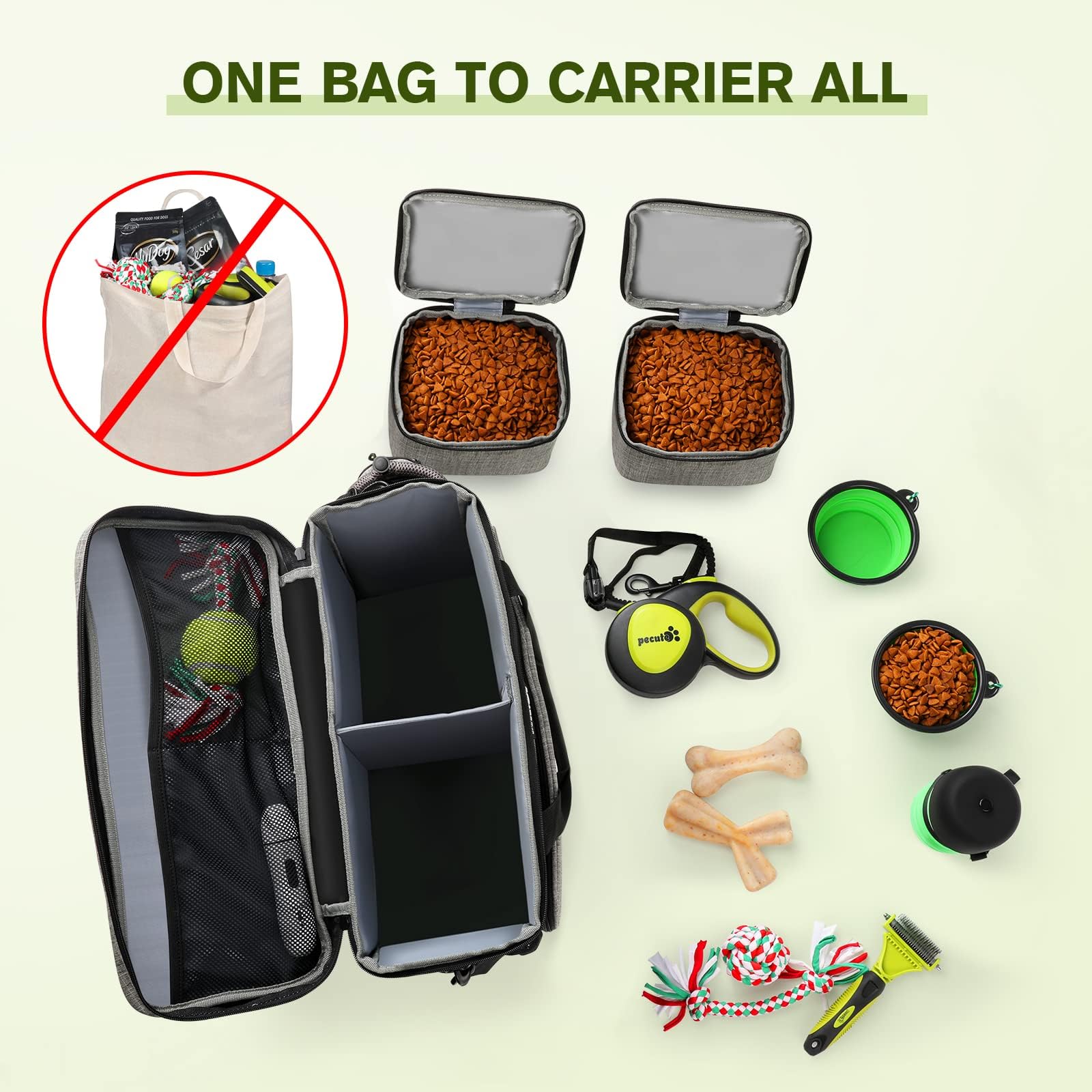 Pecute Borsa da Viaggio per Cani Grande,Borsa da Viaggio Portatile per Cane con 2 Ciotole Pieghevoli in Silicone, 2 contenitori per Alimenti, per Il Campeggio, Escursionistico,Viaggio
