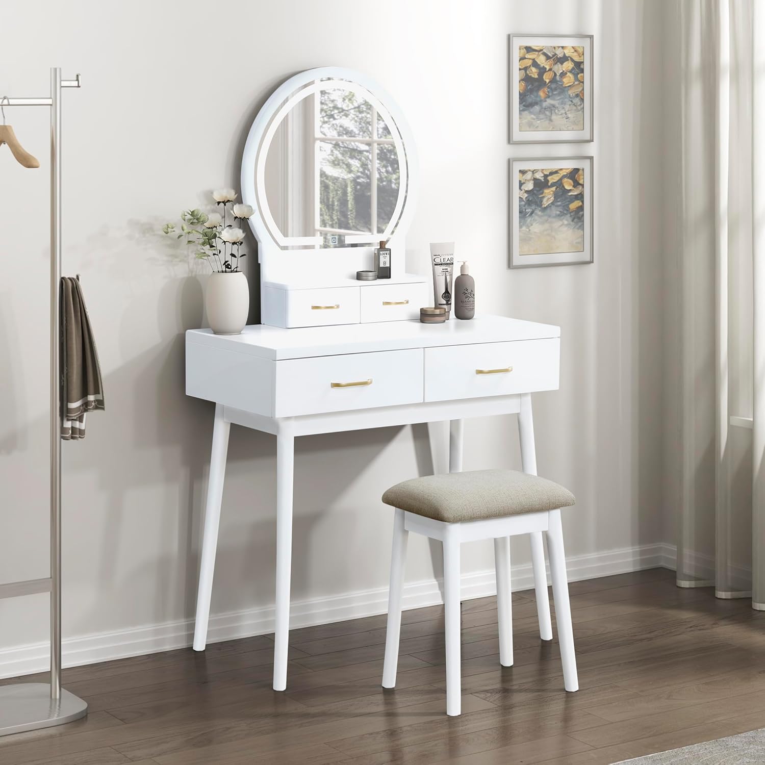 Lexicon Modern Dressing Table with Mirror, LED Lights, 3 Lighting Modes, Small Makeup Dressing Table Set with 4 Drawers and Cushioned Stool, Adjustable Lighting for Bedroom, White