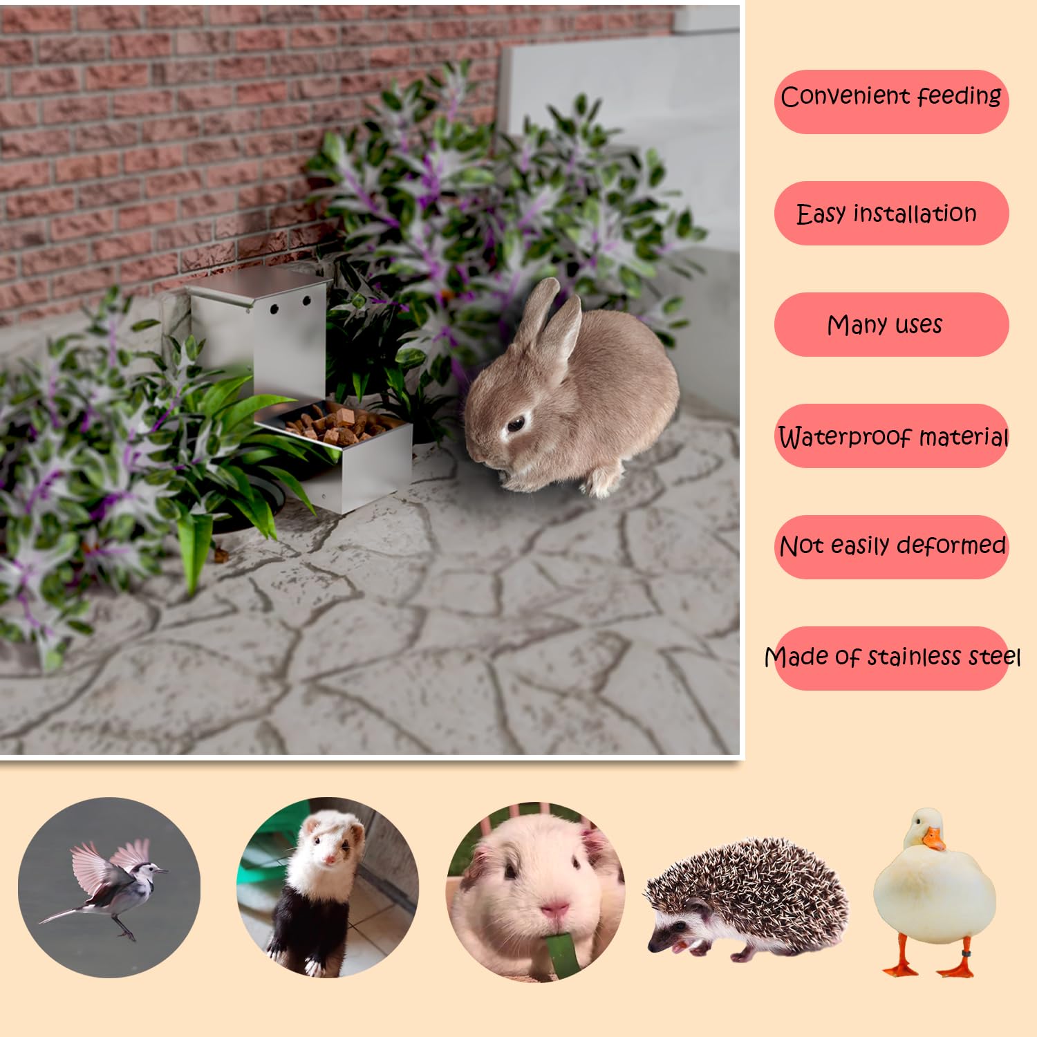 Outdoor Small Animal Stainless Steel Gravity Feeding Trough Pet Feeder Durable with Lid Cage Rabbit Feeder Holds Several Days Worth of Food (4 Inch